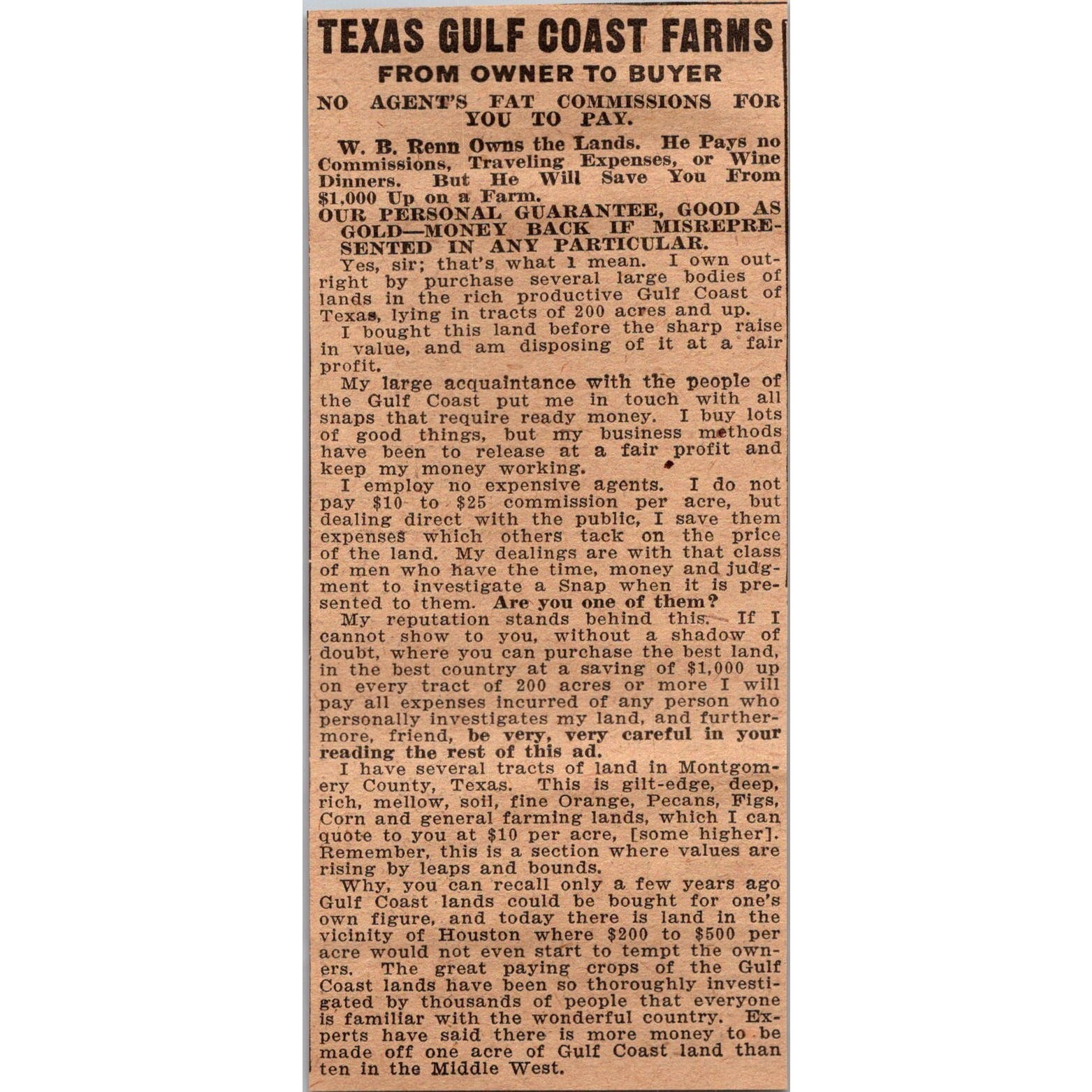 Texas Gulf Coast Farms From Owner To Buyer No Agents 1911 Clipping SAH7-4