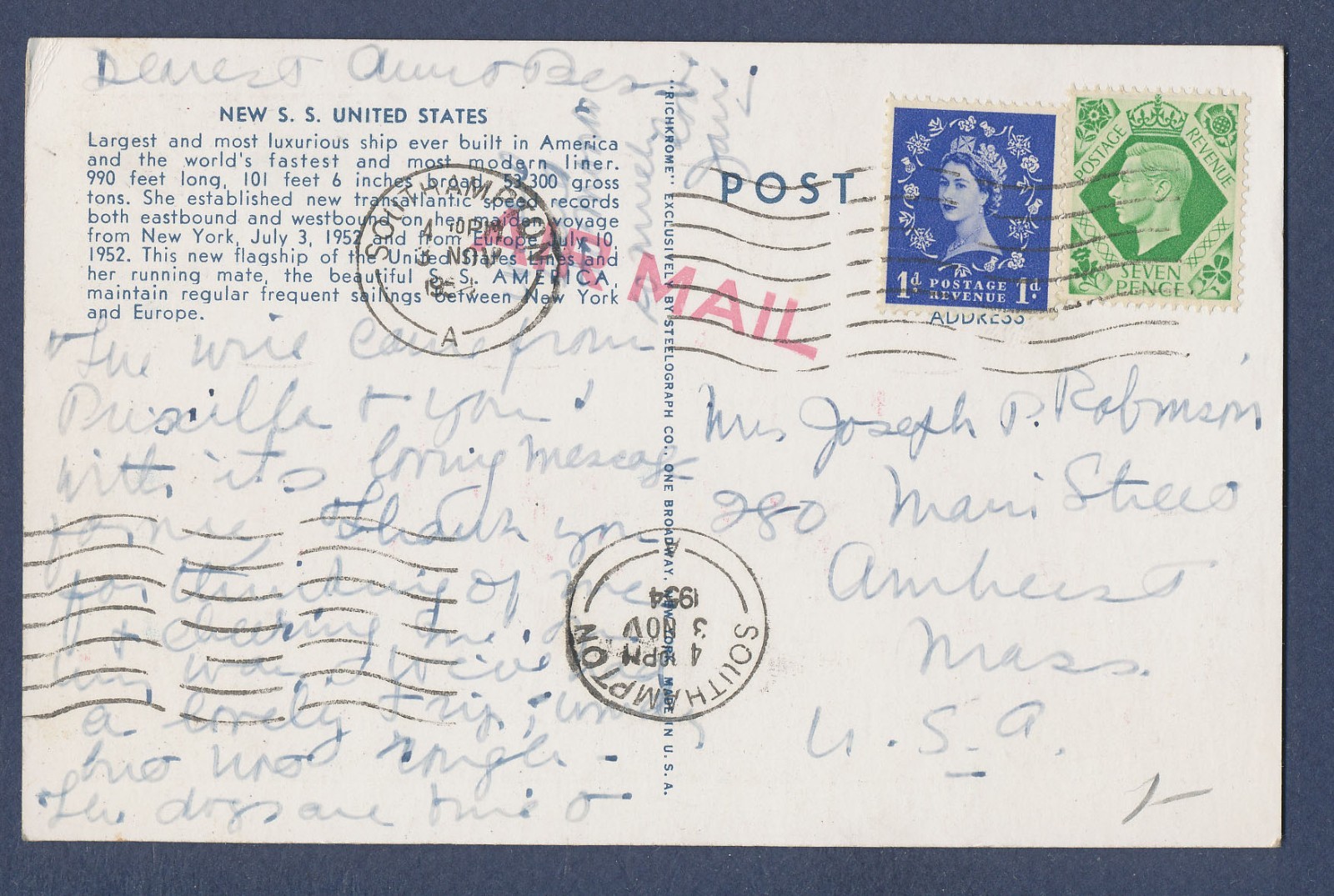 Steamer UNITED STATES – – pmk Southampton England 1954