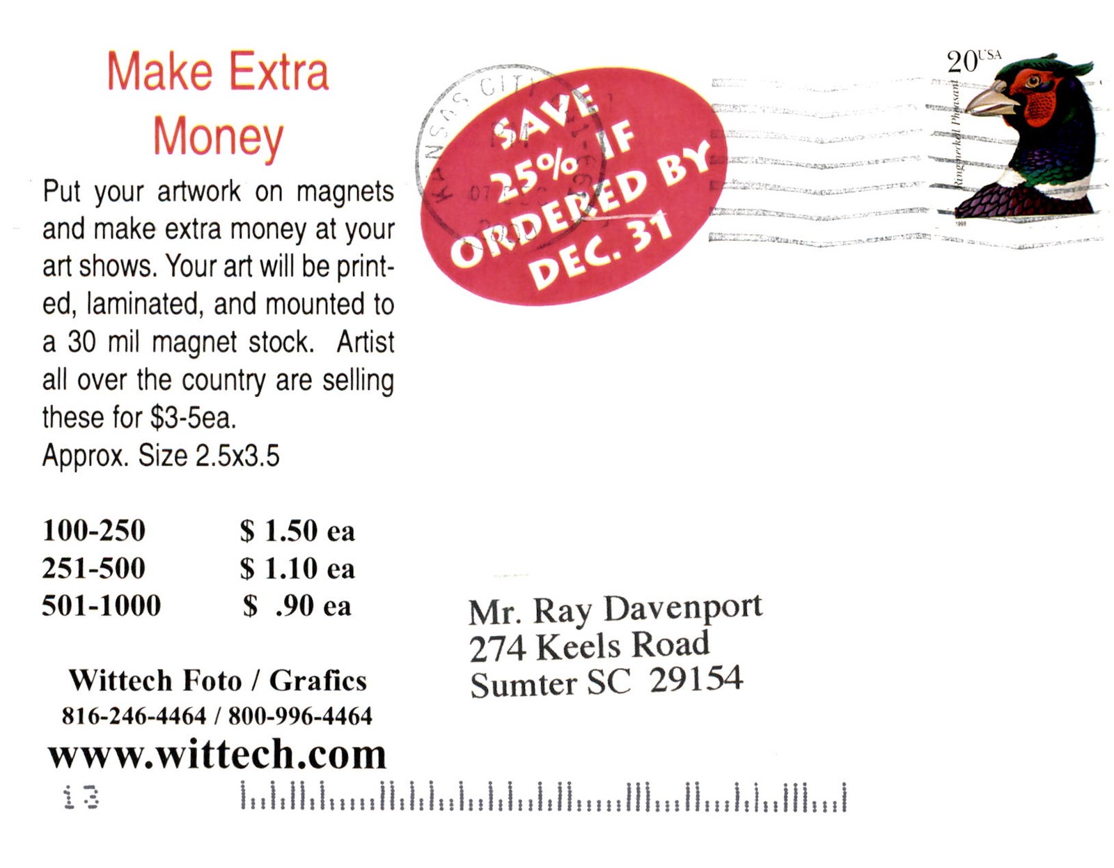 Artwork on Magnets, Make Extra Money, 1998 Postcard