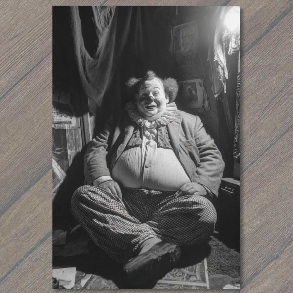 POSTCARD Creepy Circus Clown Sitting Alone Under Lamp Classic Costume Big Smile