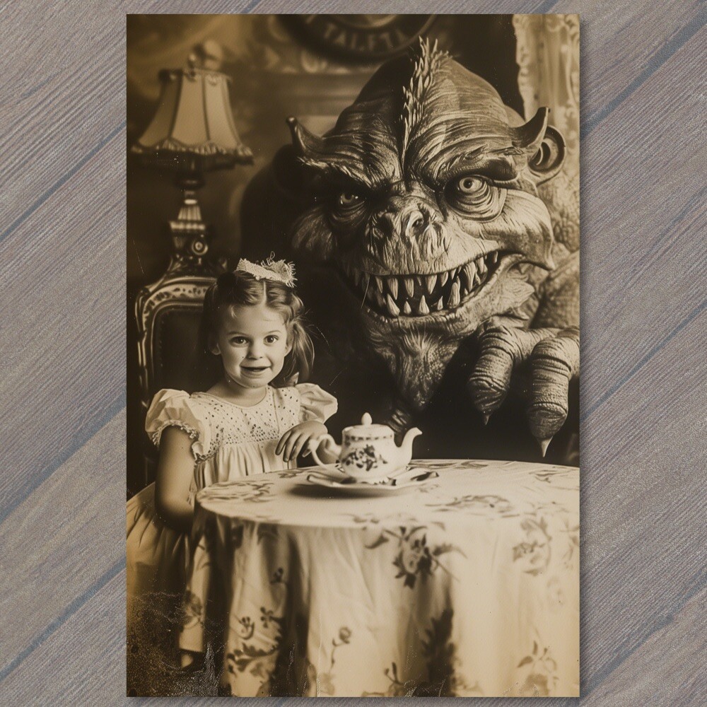 POSTCARD Girl Monster Tea Party Weird Creepy Imaginary Mask Nightmare Unusual