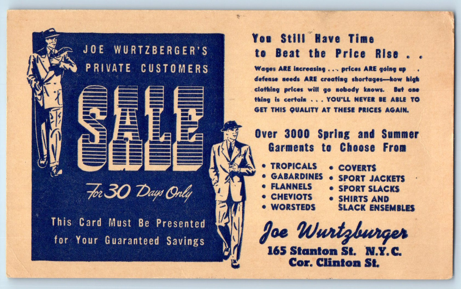 New York City NY Postal Card Joe Wurtzburger Sale 30 Days 1941 Vintage