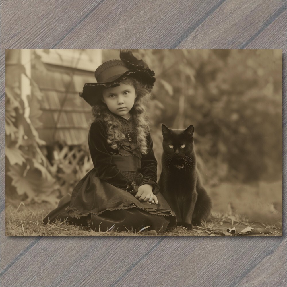 POSTCARD Girl Black Cat Weird Creepy Pet Old Vibe Unusual Cute Scary Strange Fun