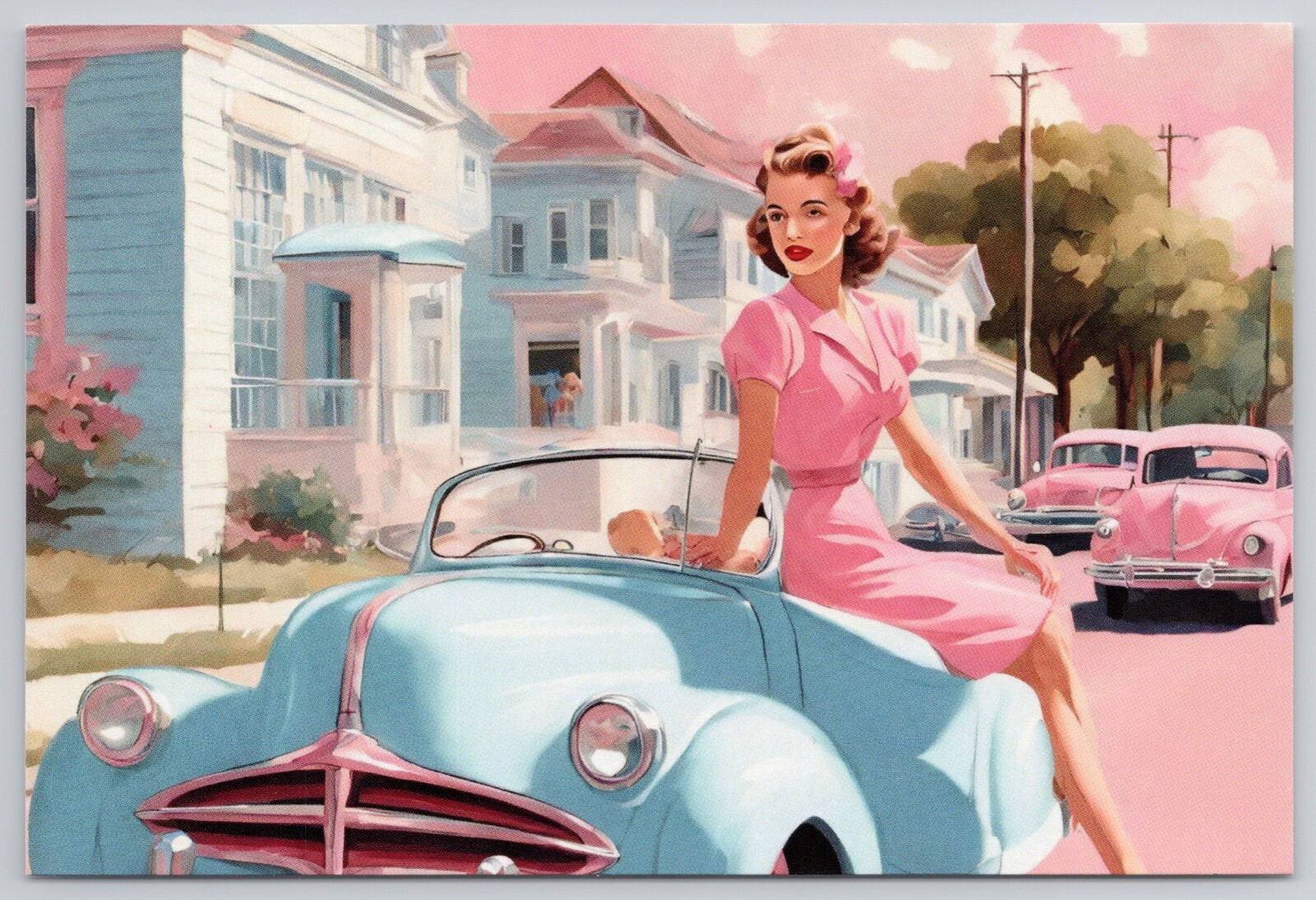 New Original Postcard 1940’s 50’s Style Girl Sitting on Car Blue Pink Town