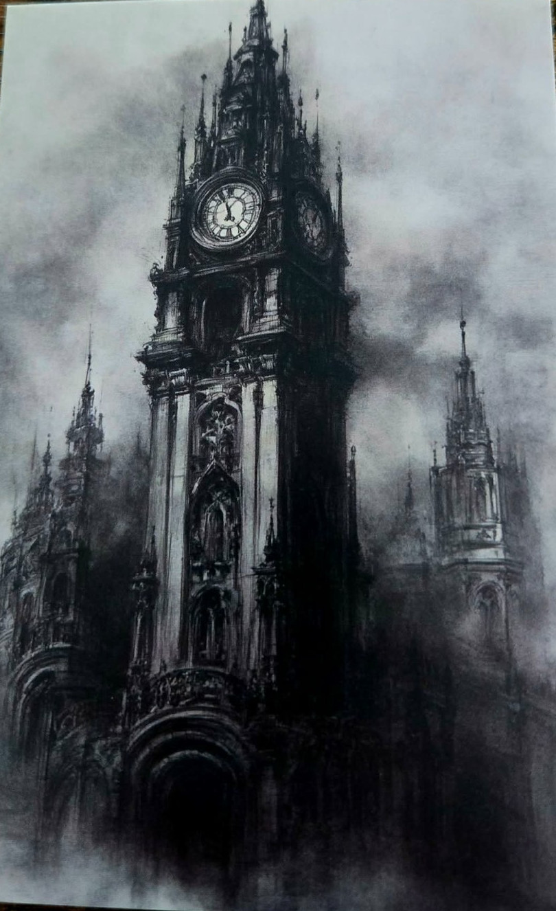 Dark Cathedral Clock Tower Postcard Gothic Architecture Vintage Style