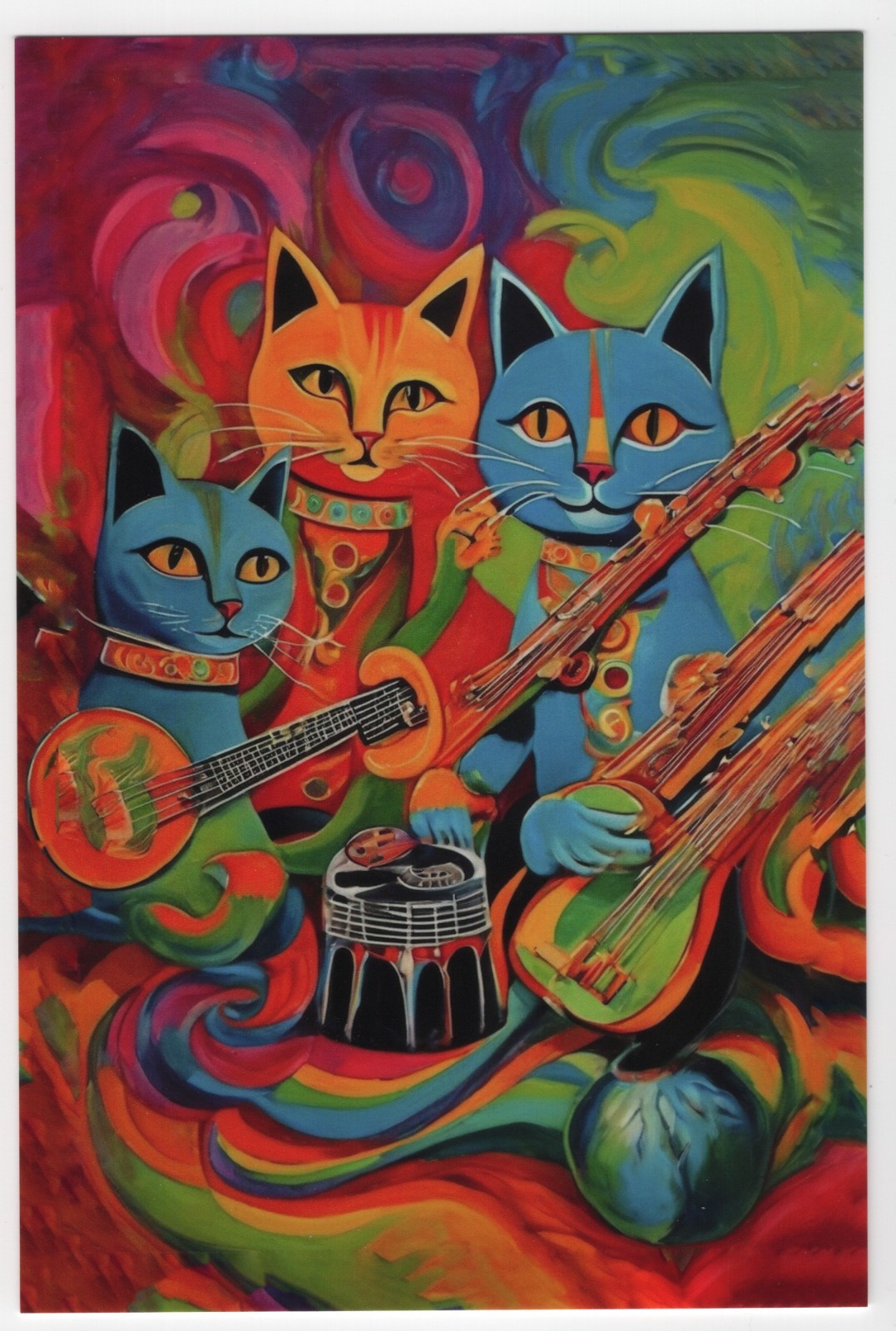 Psychedelic Cat Musicians, Band, abstract, surreal, Postcard – unposted, unused