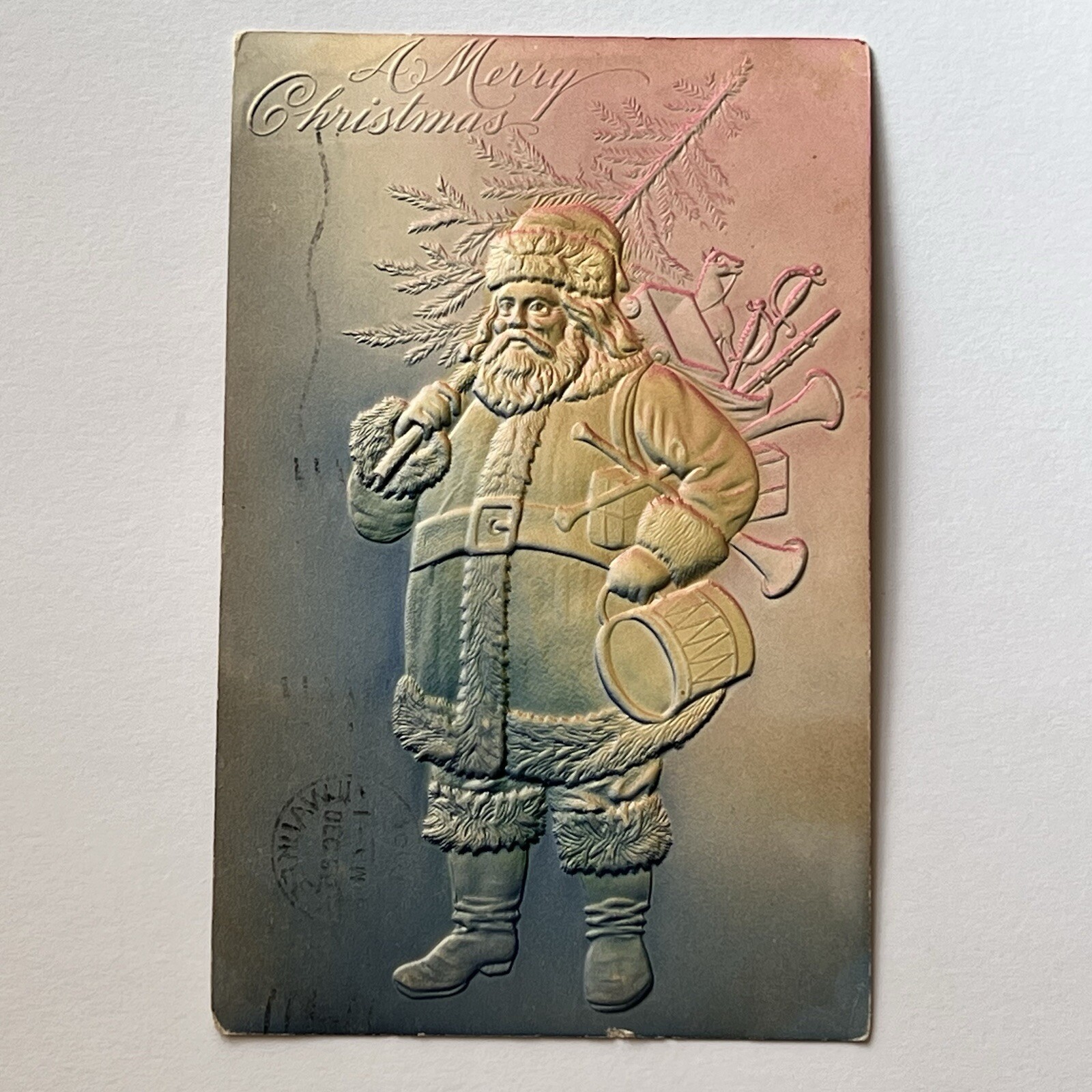 Antique Embossed Christmas Santa Claus Postcard Airbrush Tree Toys Rainbow
