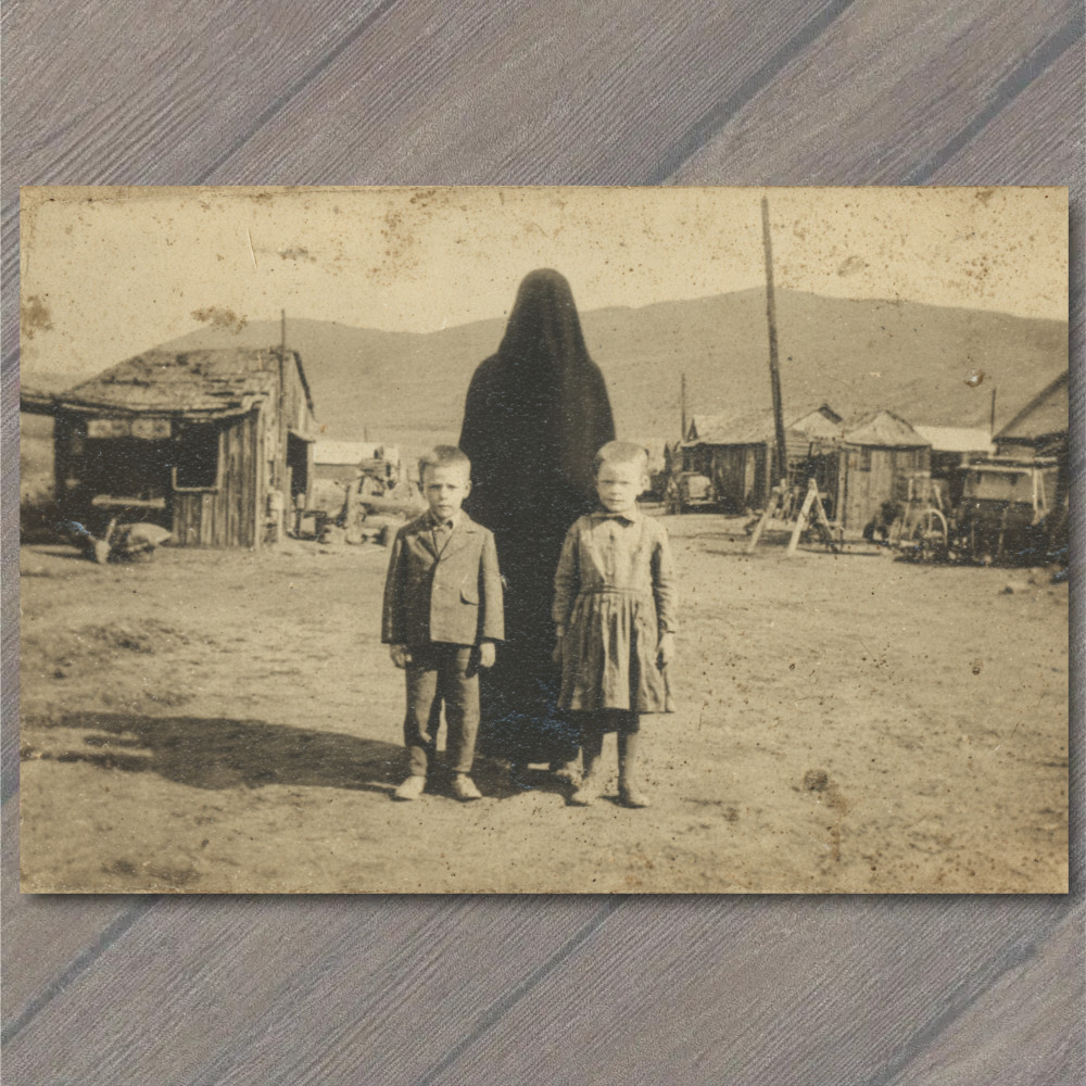 POSTCARD Creepy Cloaked Figure Kids Dusty Town Surreal Spooky Odd Photograph