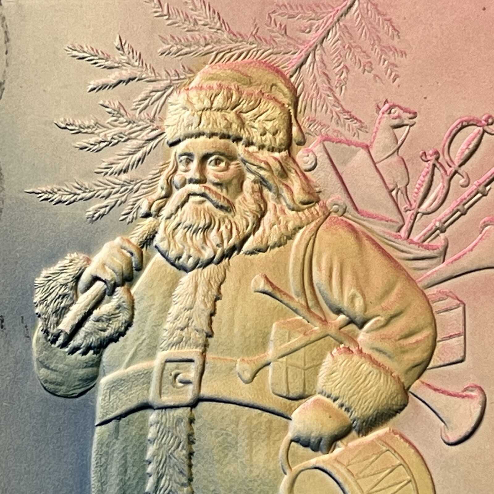 Antique Embossed Christmas Santa Claus Postcard Airbrush Tree Toys Rainbow