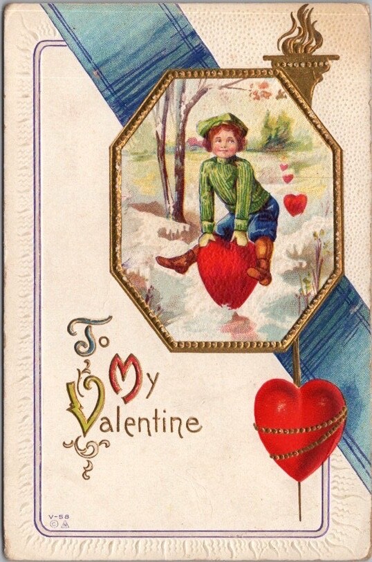 VALENTINE’S DAY Embossed Postcard Girl Jumping over Big Red Hearts / Nash V-55