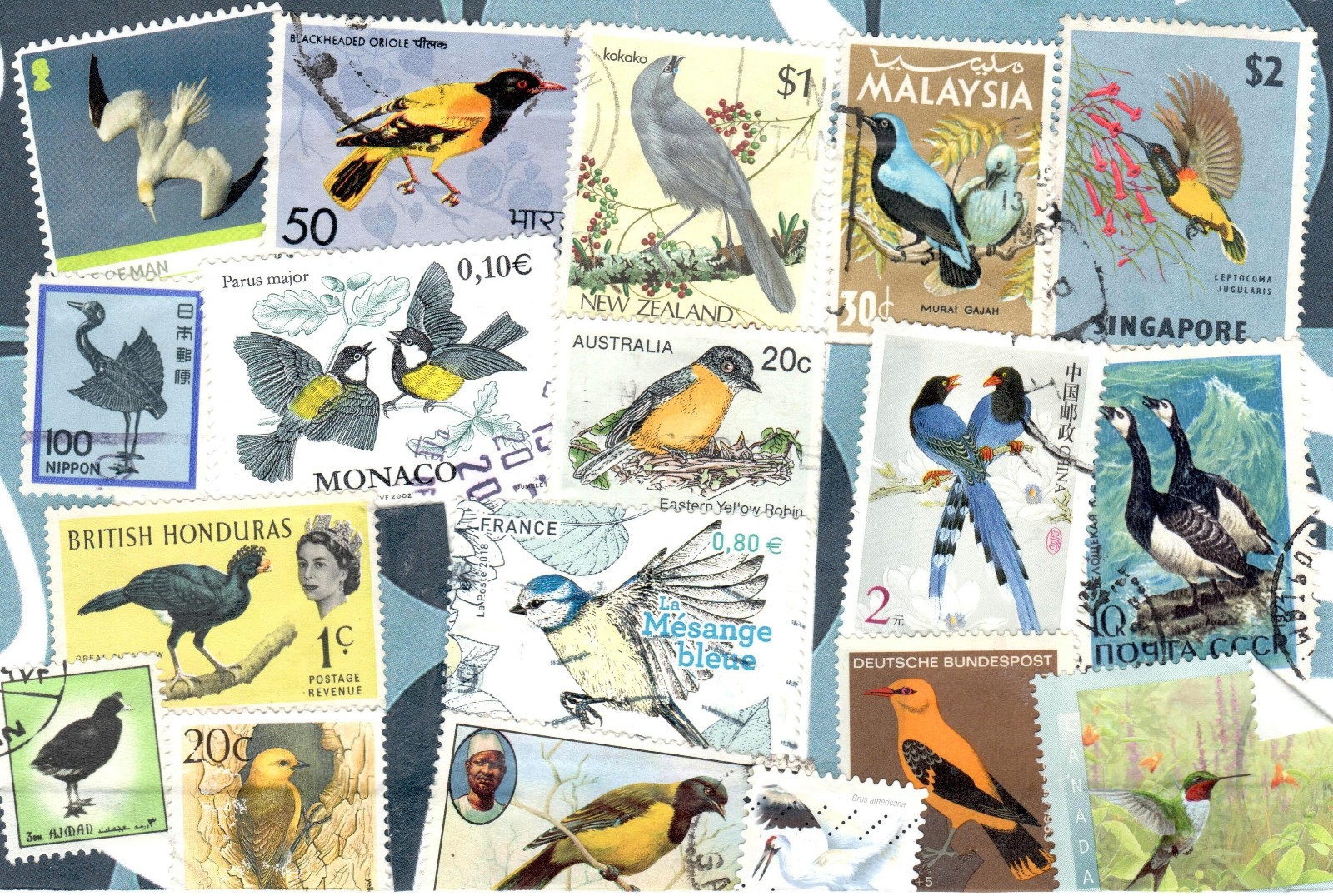 5 Original Postcards for Postcrossers World Wide Vintage Bird Stamps Collage
