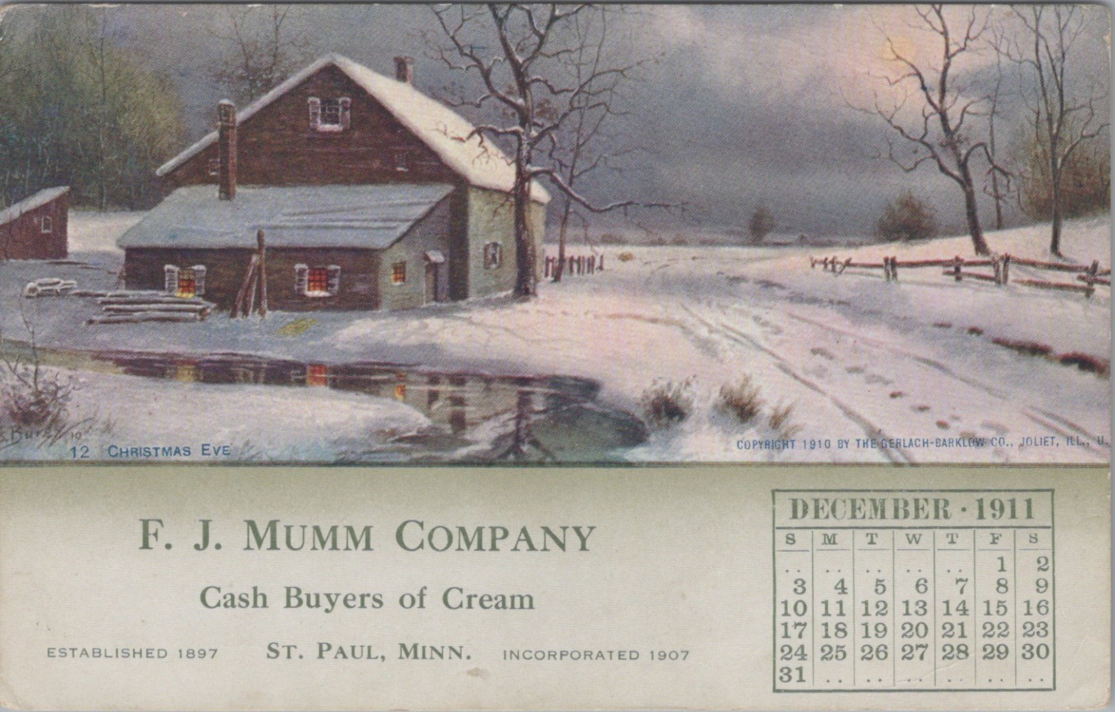 F J Mumm Cream Buyer December 1911 Calendar St Paul MN Winter Scene postcard AP9