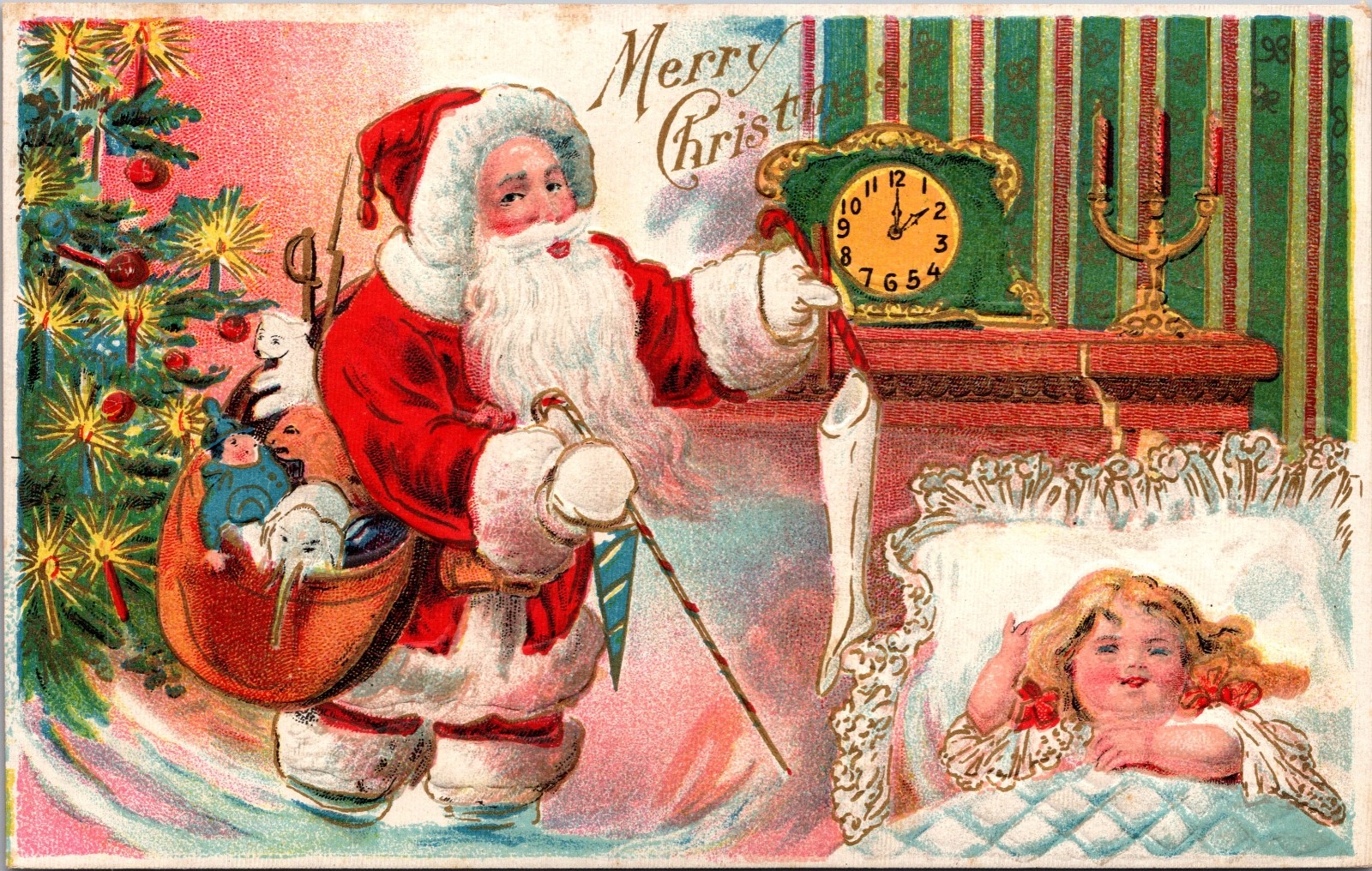 Early Santa Filling Stocking Girl in Bed Christmas Postcard Embossed
