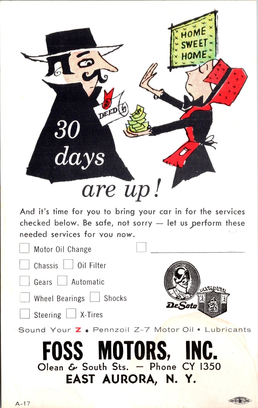 Foss Motors Inc East Aurora New York Service Reminder Card…30 days are up!