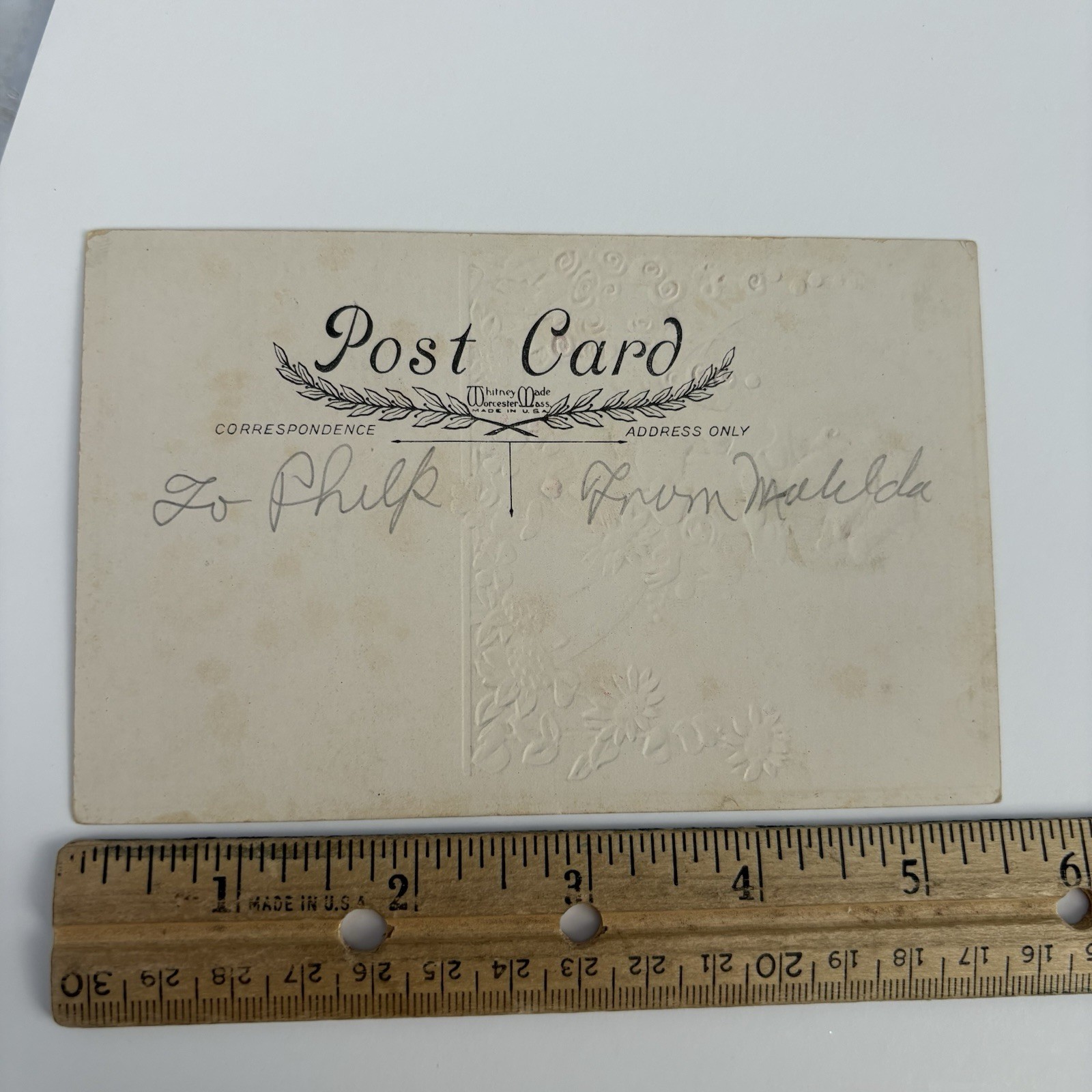 Antique Embossed Valentine’s Day Greeting Postcard Flower Heart Girl Whitney