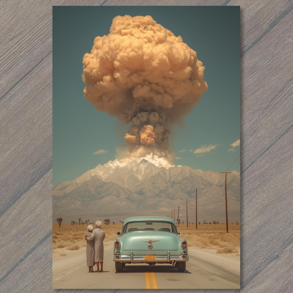 POSTCARD Desert Scene Car Atomic Nuclear Bomb Cloud Retro Style Couple Surreal
