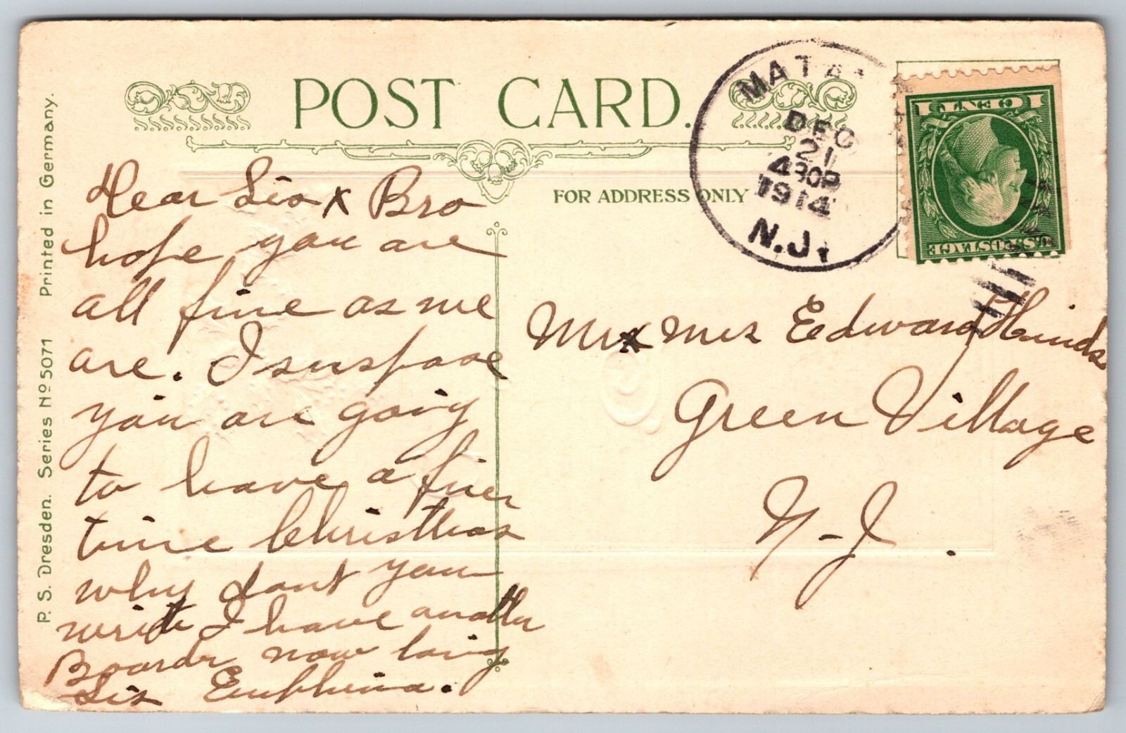 Merry Christmas Winter Scene Church Holly Embossed 1914 New Jersey Postcard