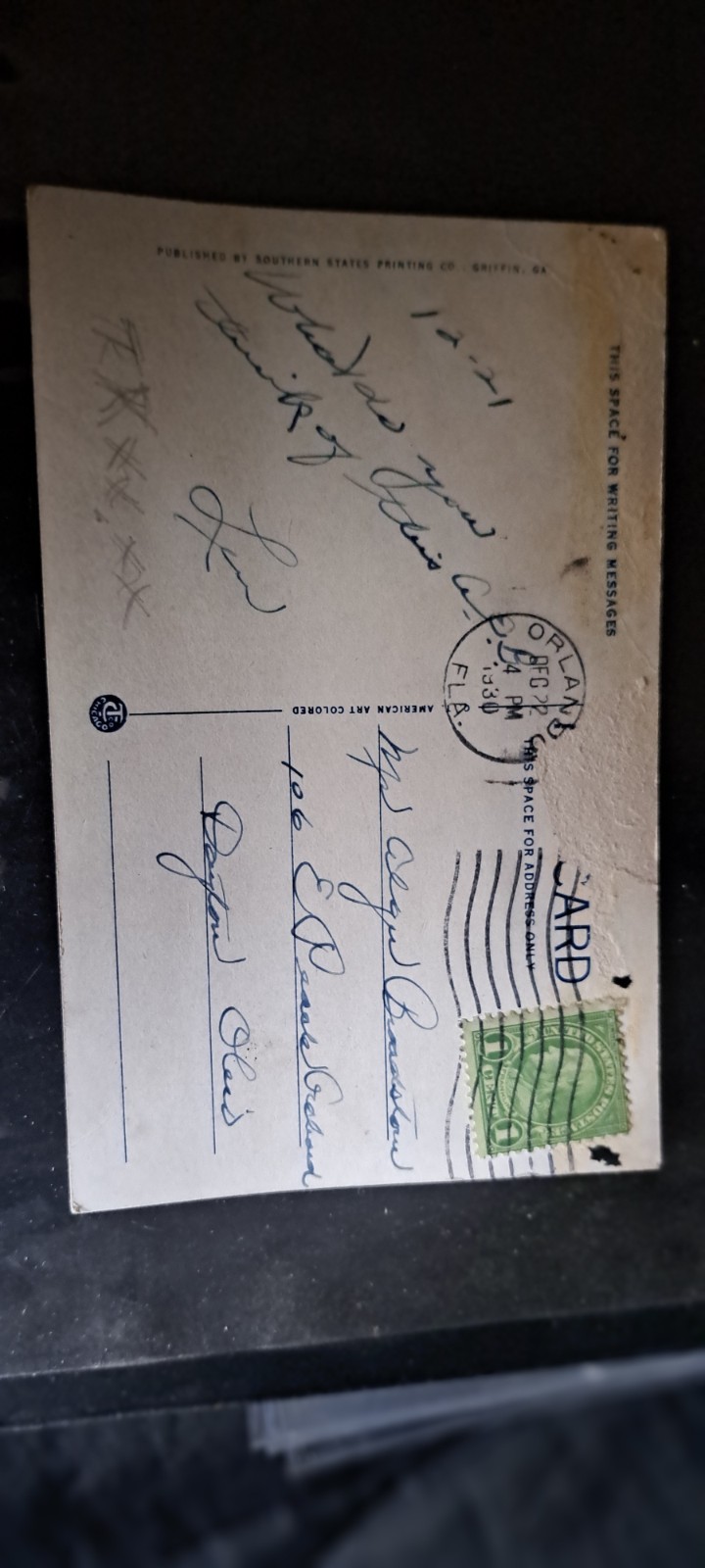 Southern States Printing Co. Orlando Florida Posted Postcard Stamp Single Unit