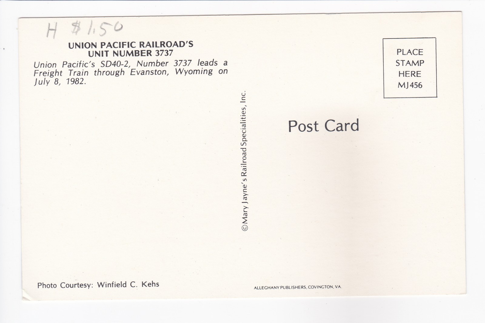 Union Pacific Railroad’s Unit Number 3737 SD40-2 Evanston WY Chrome Postcard