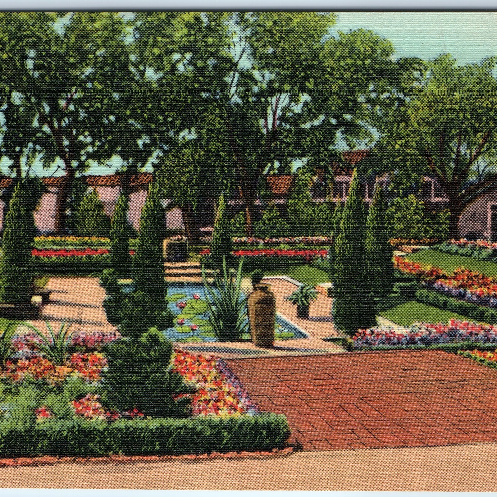 c1940s Santa Fe, NM Sunken Garden Lily Pool Governor’s Mansion House Linen A328