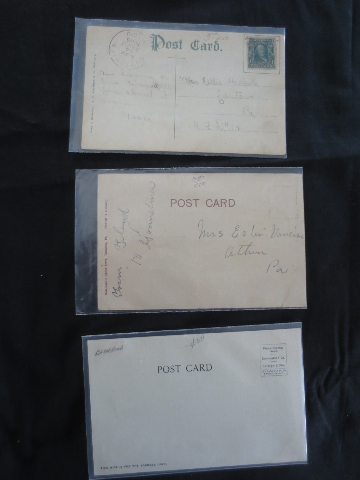 3 – 5-1/2″ x 3-1/2″ Antique TOWANDA PA Historical Buildings POSTCARDS in Sleeves