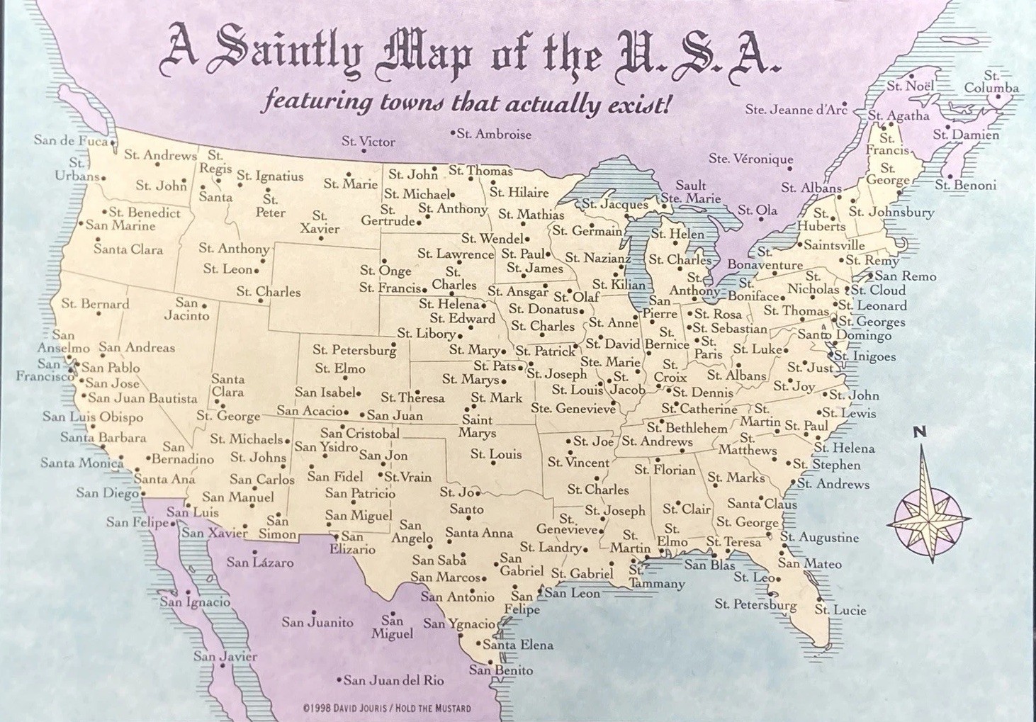 A Saintly Map of The USA- Towns That Actually Exist, Funny Vintage Postcard -new