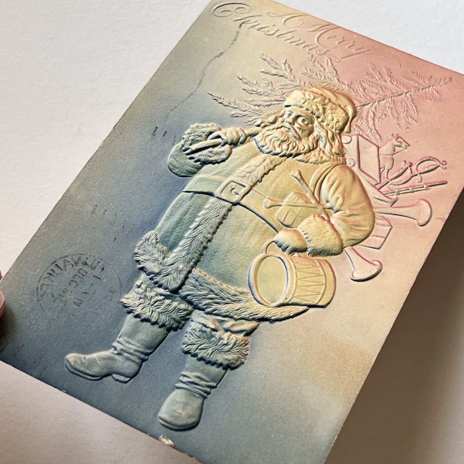 Antique Embossed Christmas Santa Claus Postcard Airbrush Tree Toys Rainbow