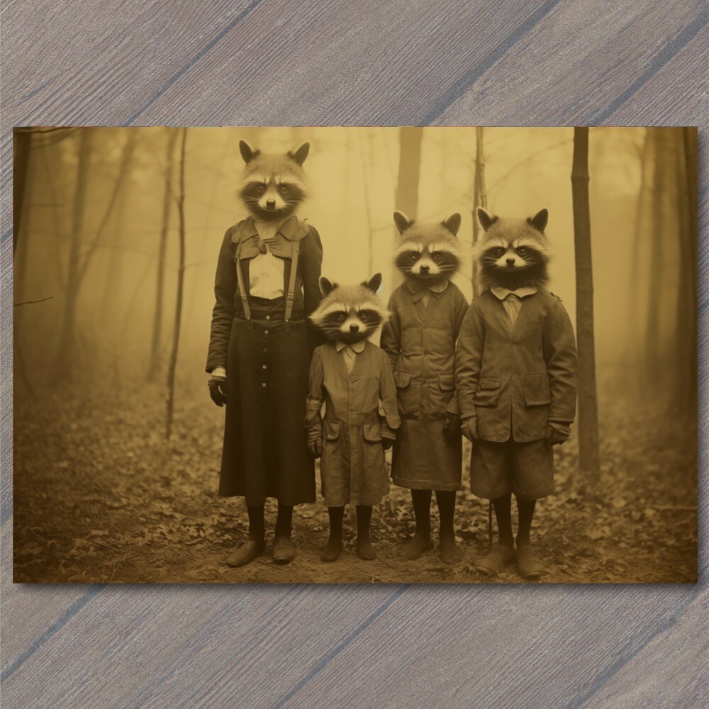 POSTCARD Raccoon Family Weird Creepy Unusual Dressed Woods Odd Day Strange 🦝