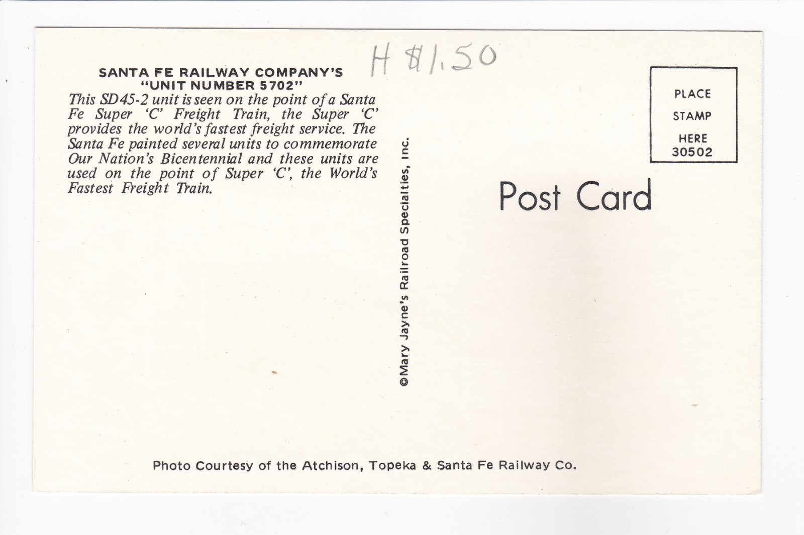 Santa Fe Railway Company Unit No 5702 SD45-2 Super ‘C’ NM Chrome Postcard