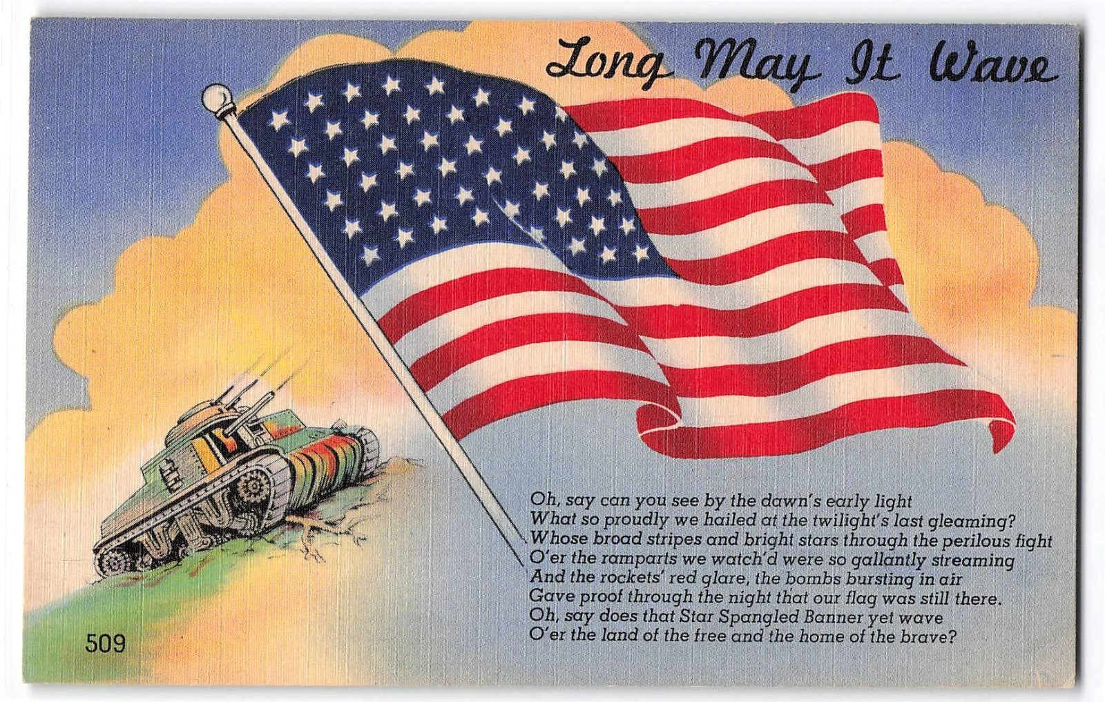 Early 1900’s Patriotic Postcard United States of America Flag, Battle Tank