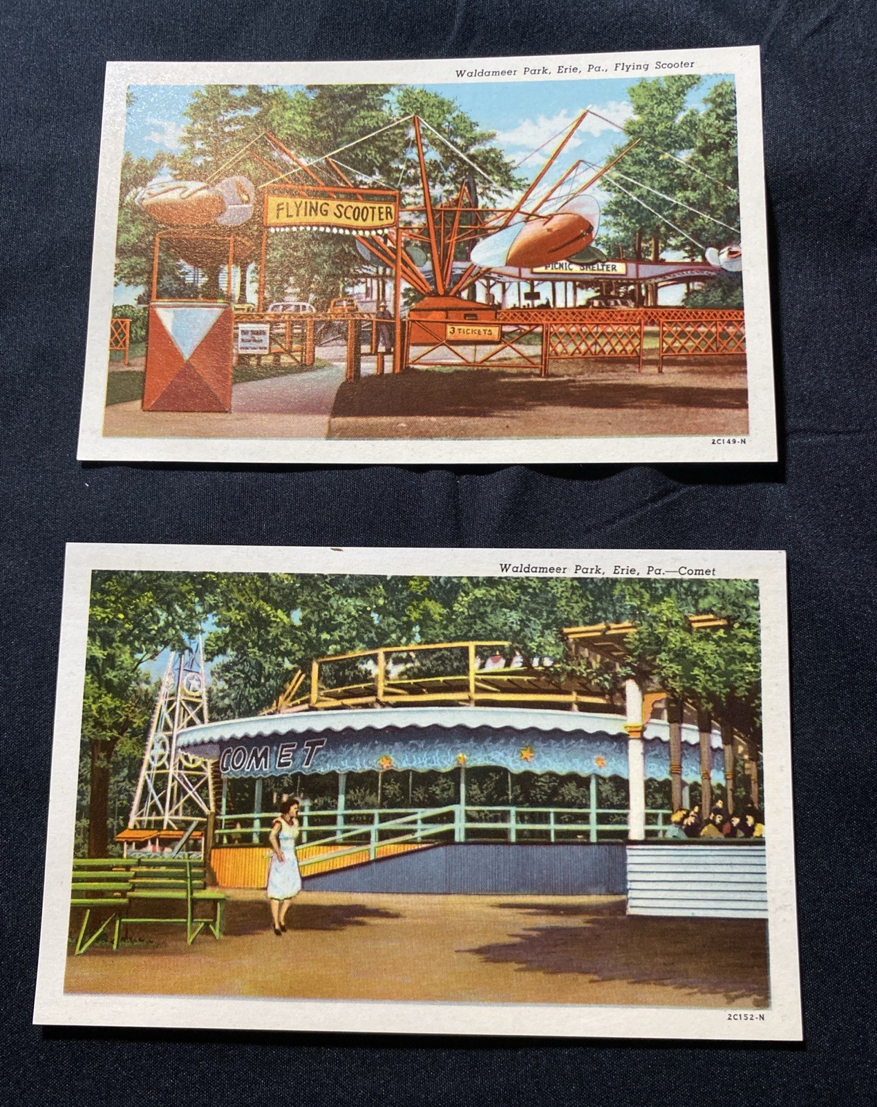 Vintage Linen Postcards COMET & FLYING SCOOTER Waldameer Park Erie PA