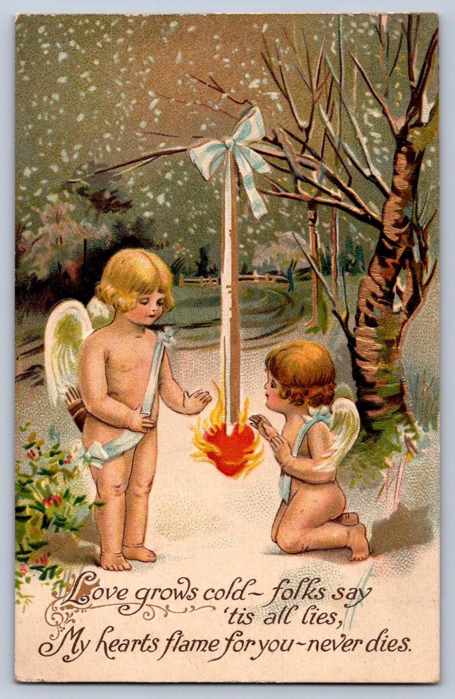 K57/ Valentine’s Day Love Holiday Postcard c1910 Cupids Heart Snow 492
