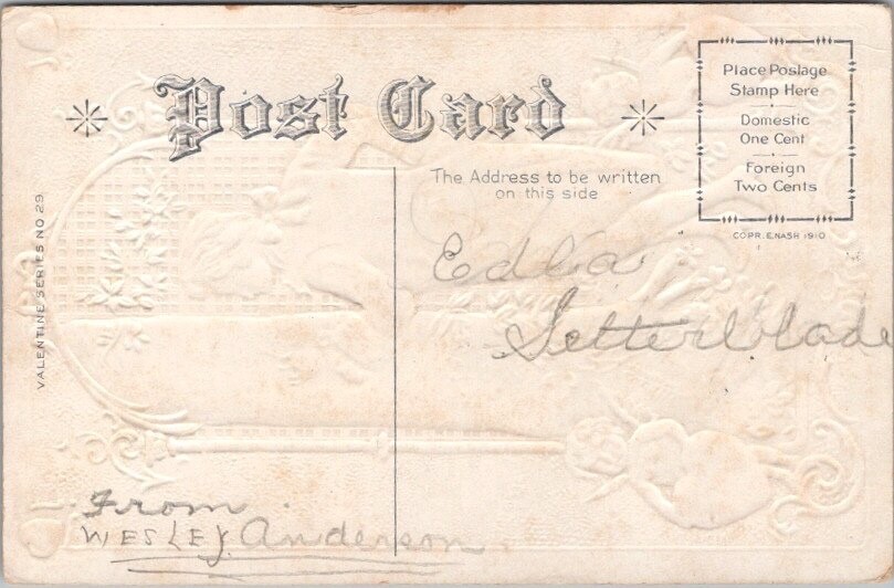 1910s VALENTINE’S DAY Embossed Postcard Colonial Man Carving “Love” in Tree