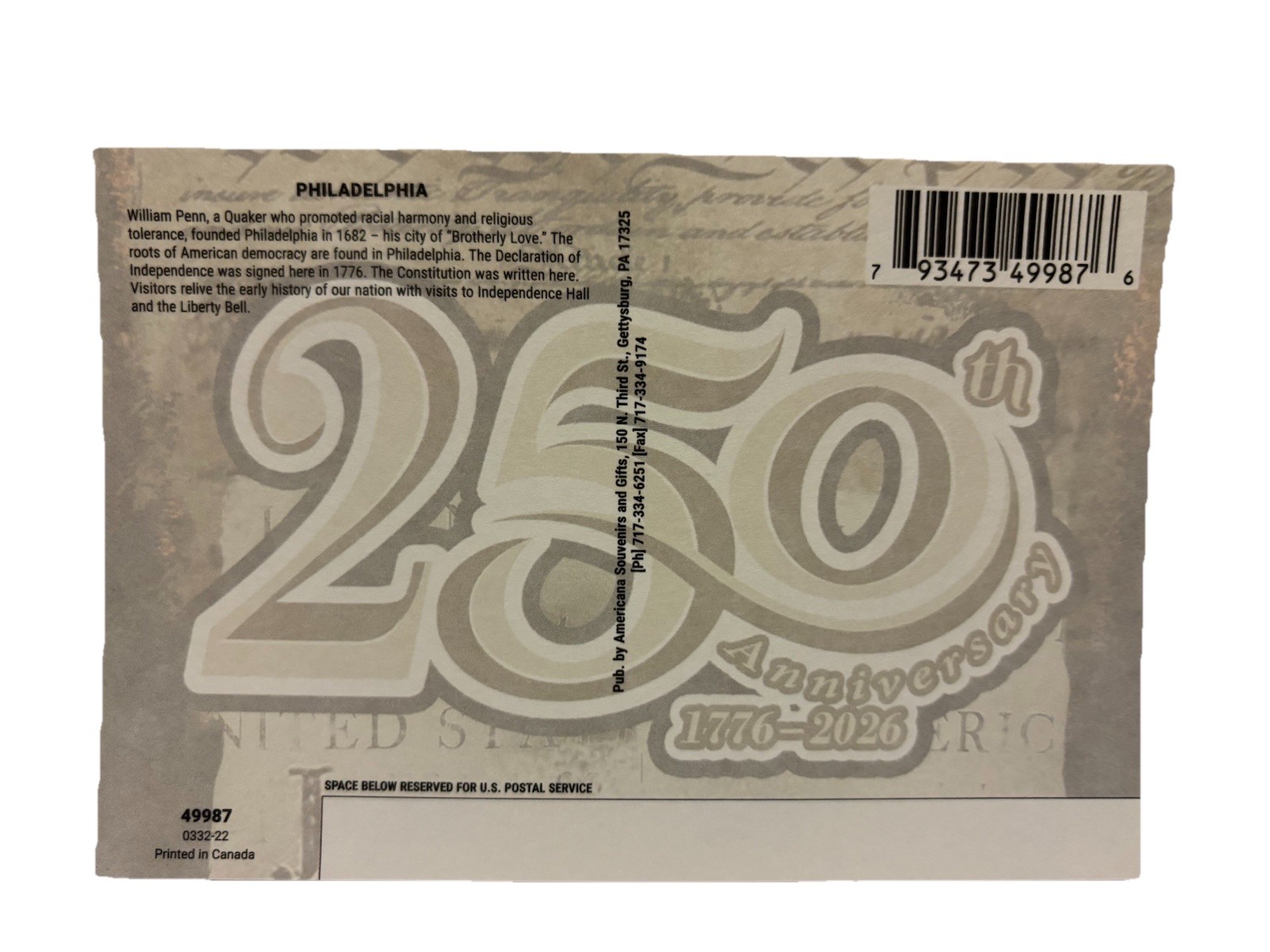250th Anniversary Philadelphia Lot of 5 Postcards 1776-2026 New