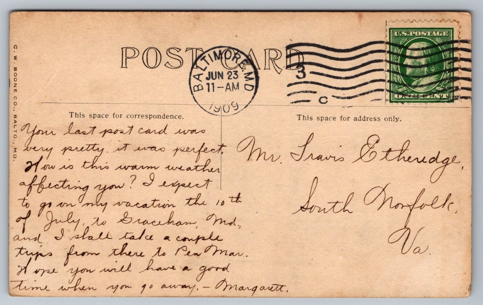 1909 River View Park Pavilion Baltimore MD Postcard Posted