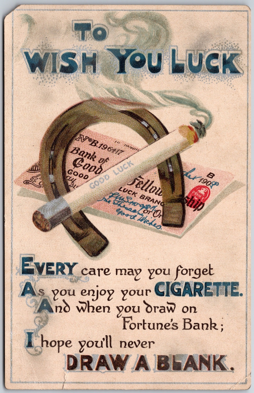 1910 To Wish You Luck Cigarette Smoke Magnet Notes Table Good Luck Posted Posted