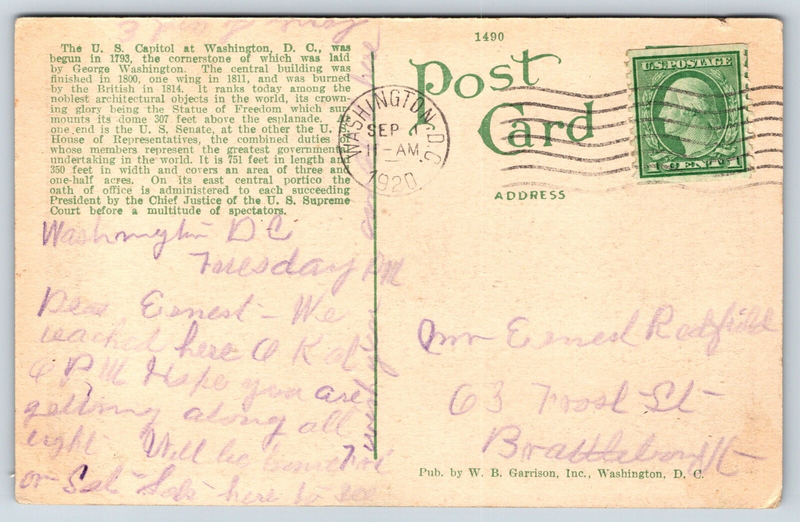 1920 The United States Capitol Washington DC Vintage Postcard