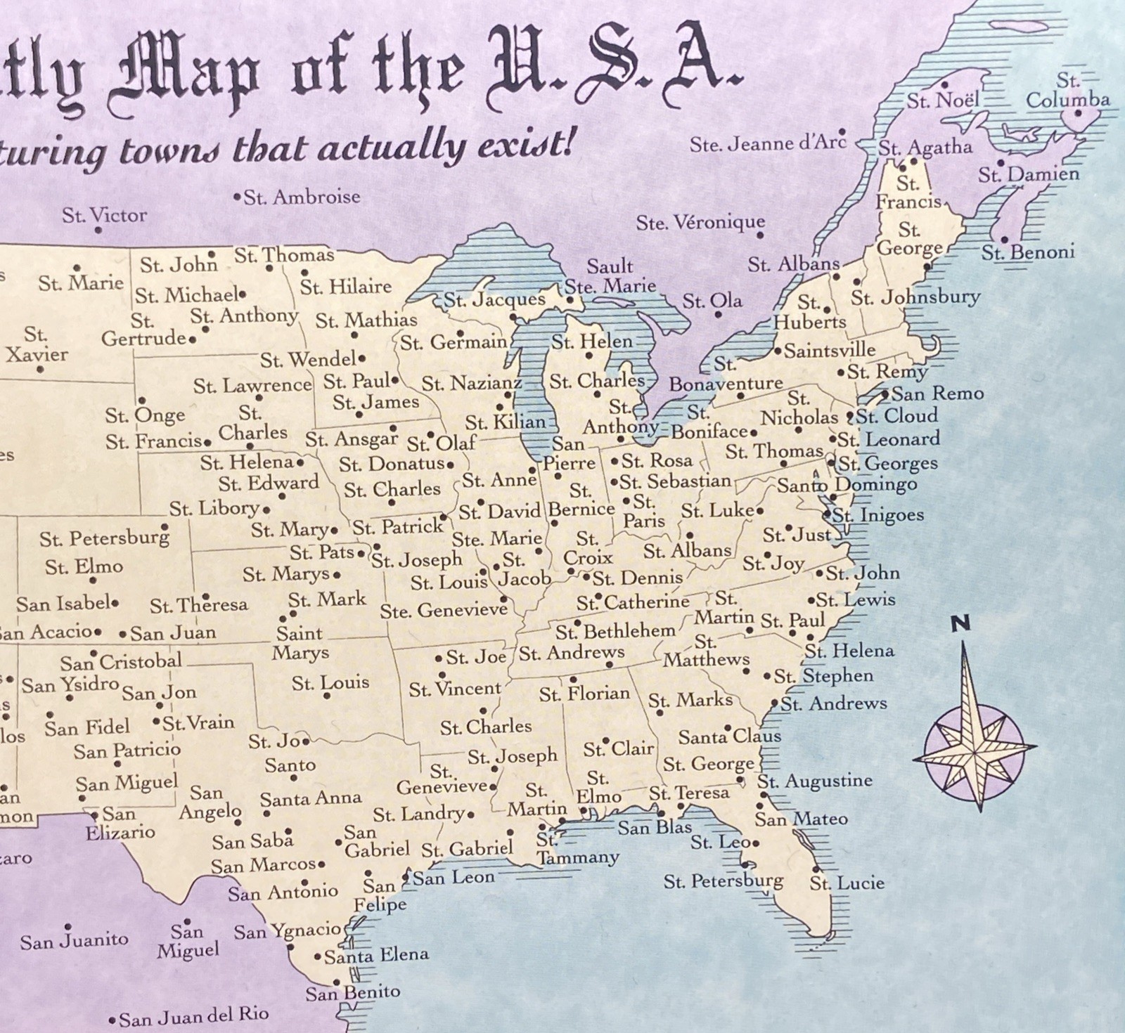 A Saintly Map of The USA- Towns That Actually Exist, Funny Vintage Postcard -new
