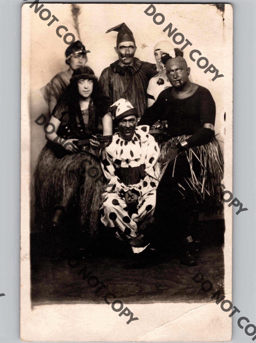 WOW c1910 Clowns Jester Hula Girl HULA DEVIL? Creepy Costumes Eerie RPPC Photo