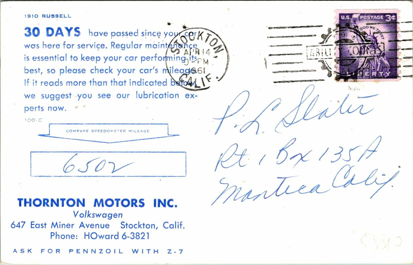 Thornton Motors 30 Days Volkswagen 1910 Russell Postcard Used (33810)