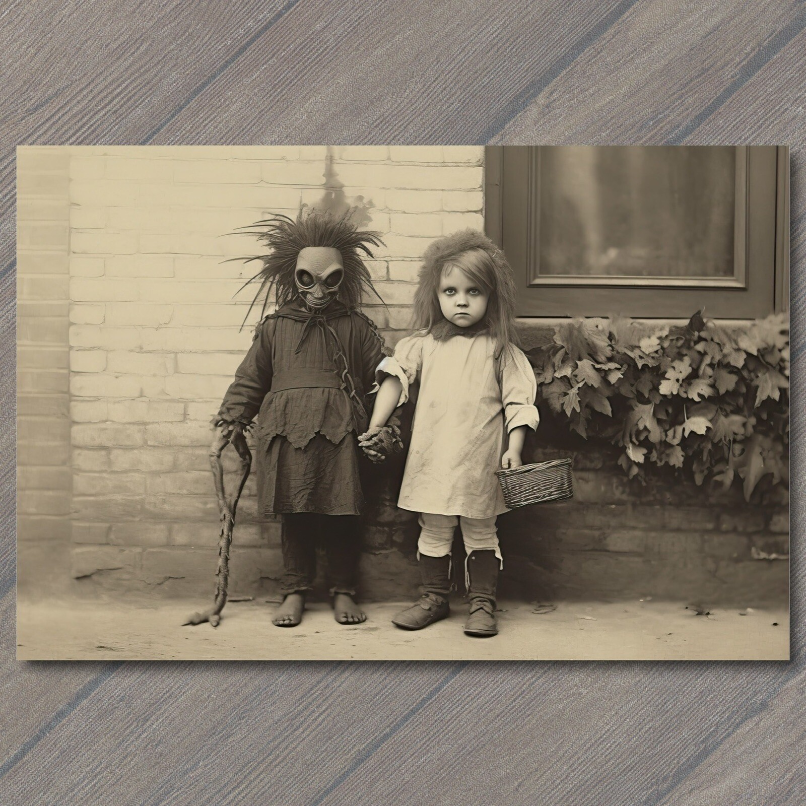 👻 POSTCARD Weird Creepy Vintage Vibe Kids Masks Halloween Cult Strange Girl