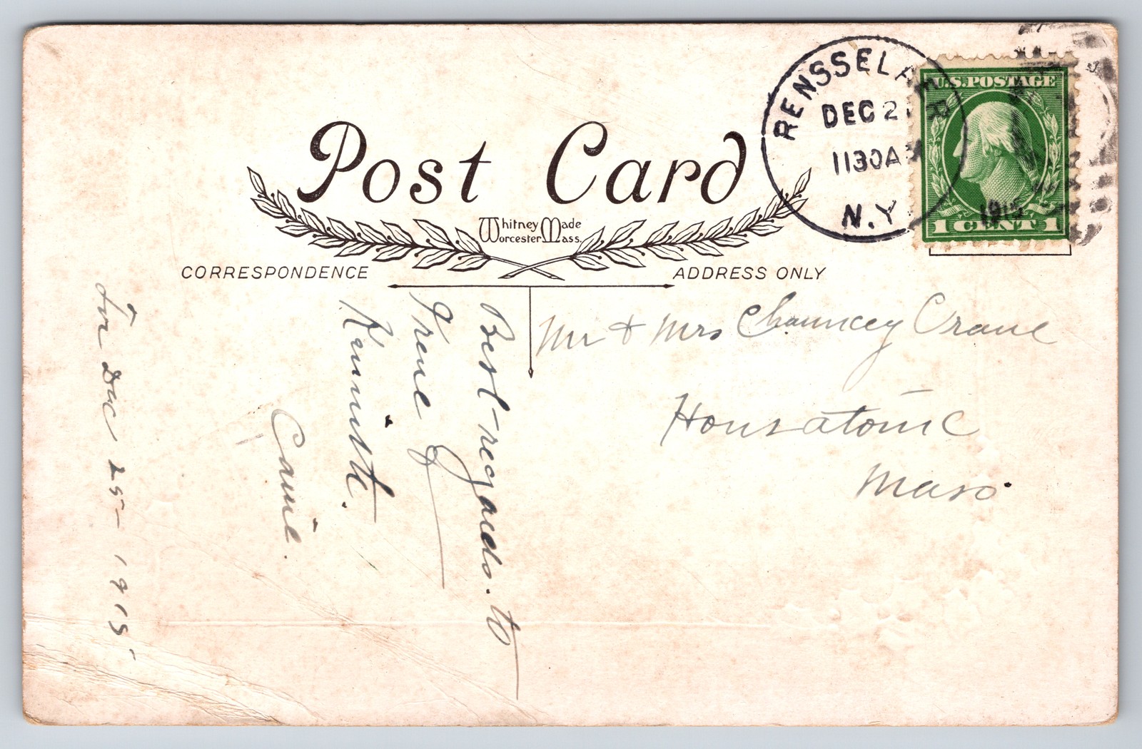 1915 Christmas Holly Whitney Made Worcester MA Postcard Posted Rensselaer NY
