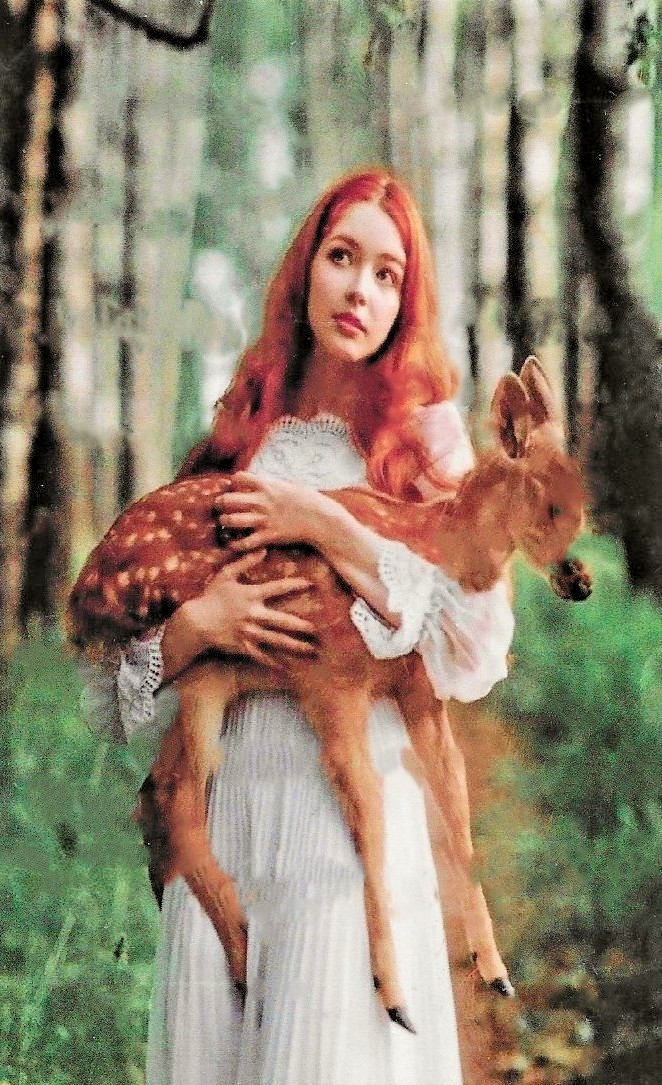A “Young Red Headed Gir” Holding A Fawn Photo Handmade Into A Postcard – 583