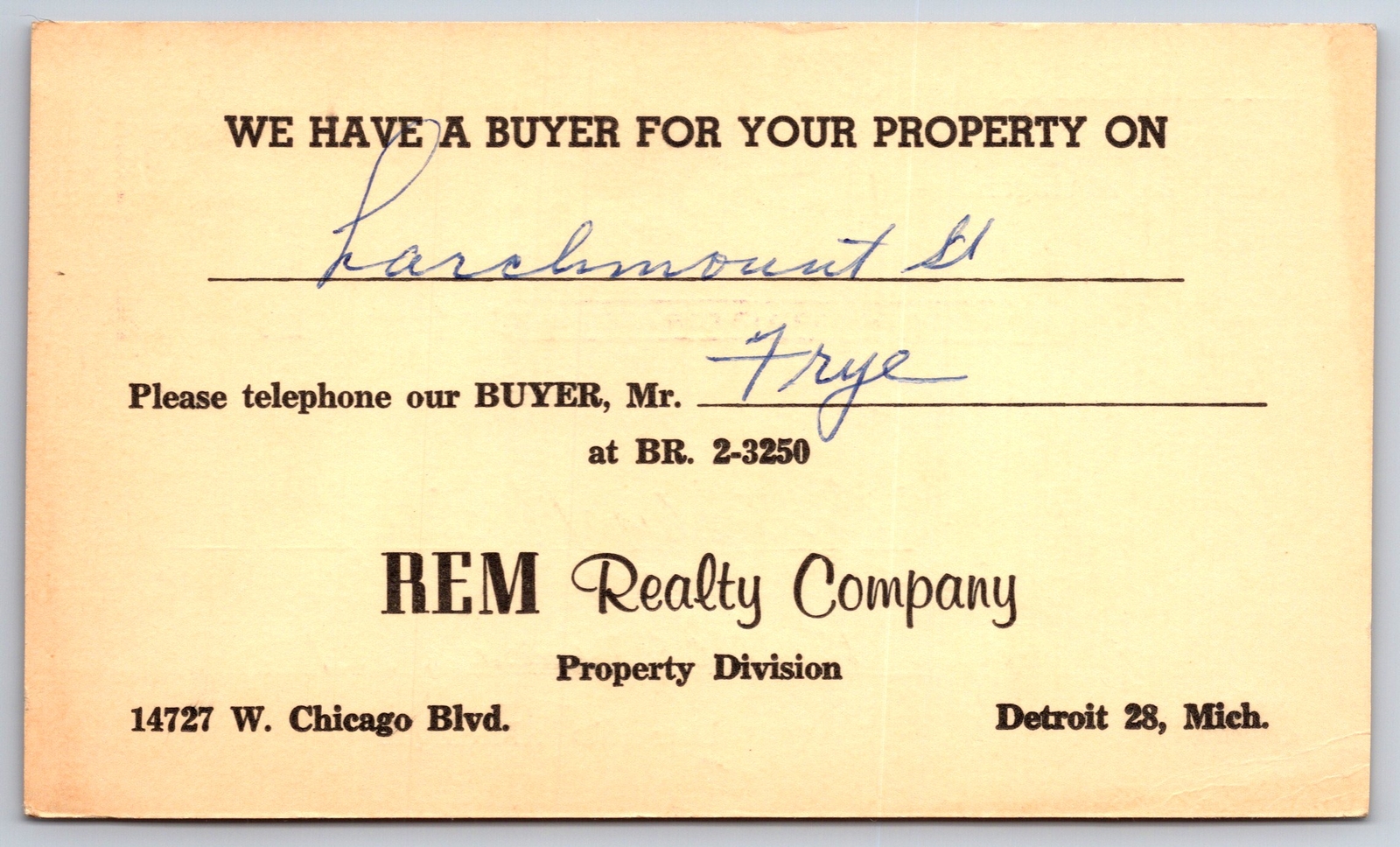 Detroit MI~Rem Realty~Mr Frye: Buyer For Heinz Property Larchmont Street~1961 PC