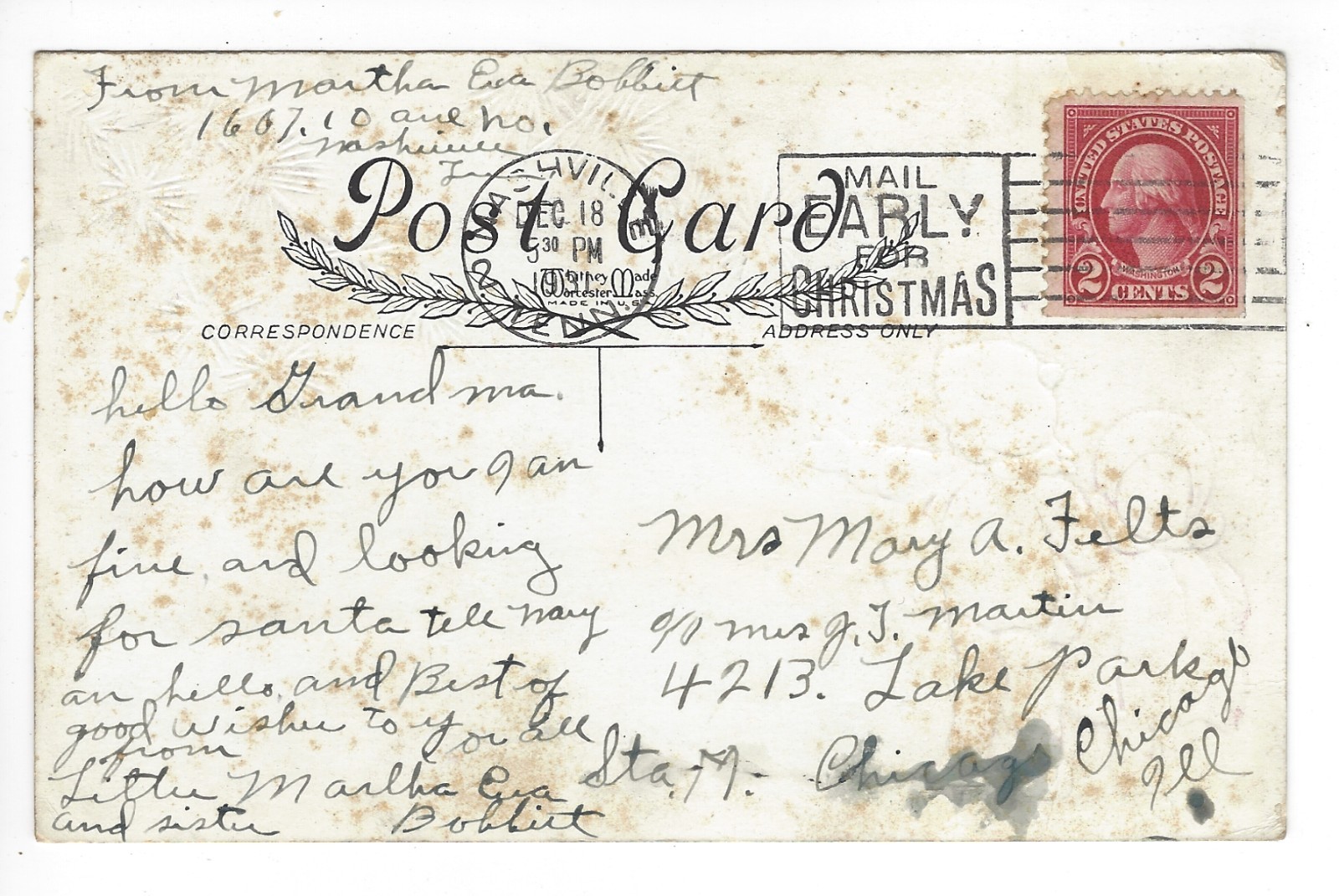 Postcard Divided Back USA Whitney Made Worchester, Mass 2 Cent Stamp PM 1931