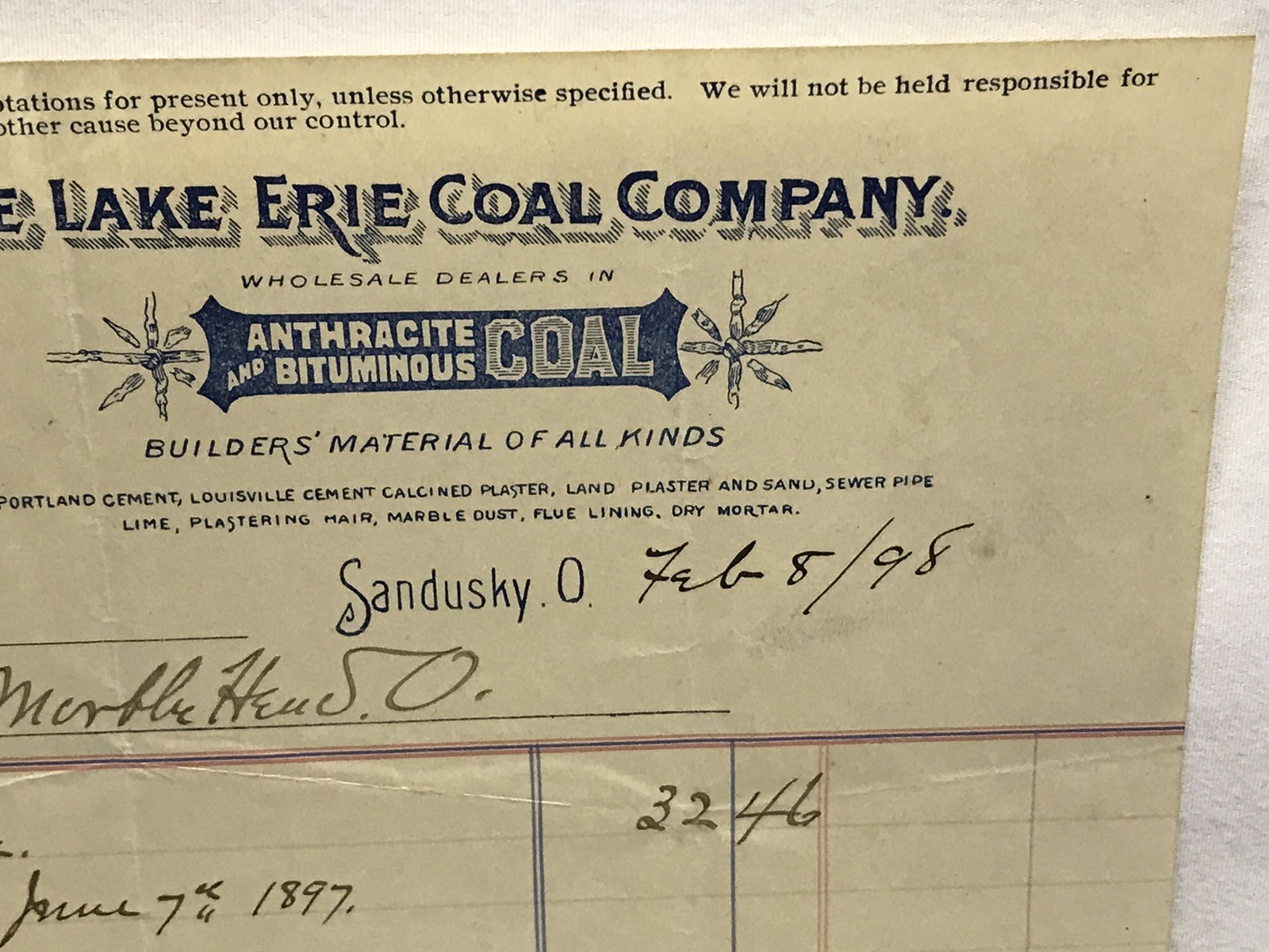 1898 The Lake Erie Coal Company Sandusky Ohio Invoice Sold Buyer Marblehead Ohio
