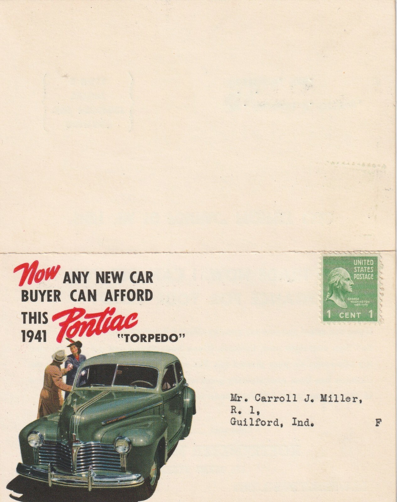 Advertising Postcard, “Any New Car Buyer Can Afford The Pontiac “Torpedo” 1941