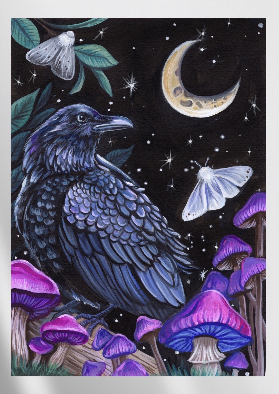 Witchy Raven Postcard Art, Celestial Moon Moth Crow Painting, Gothic Art Gift