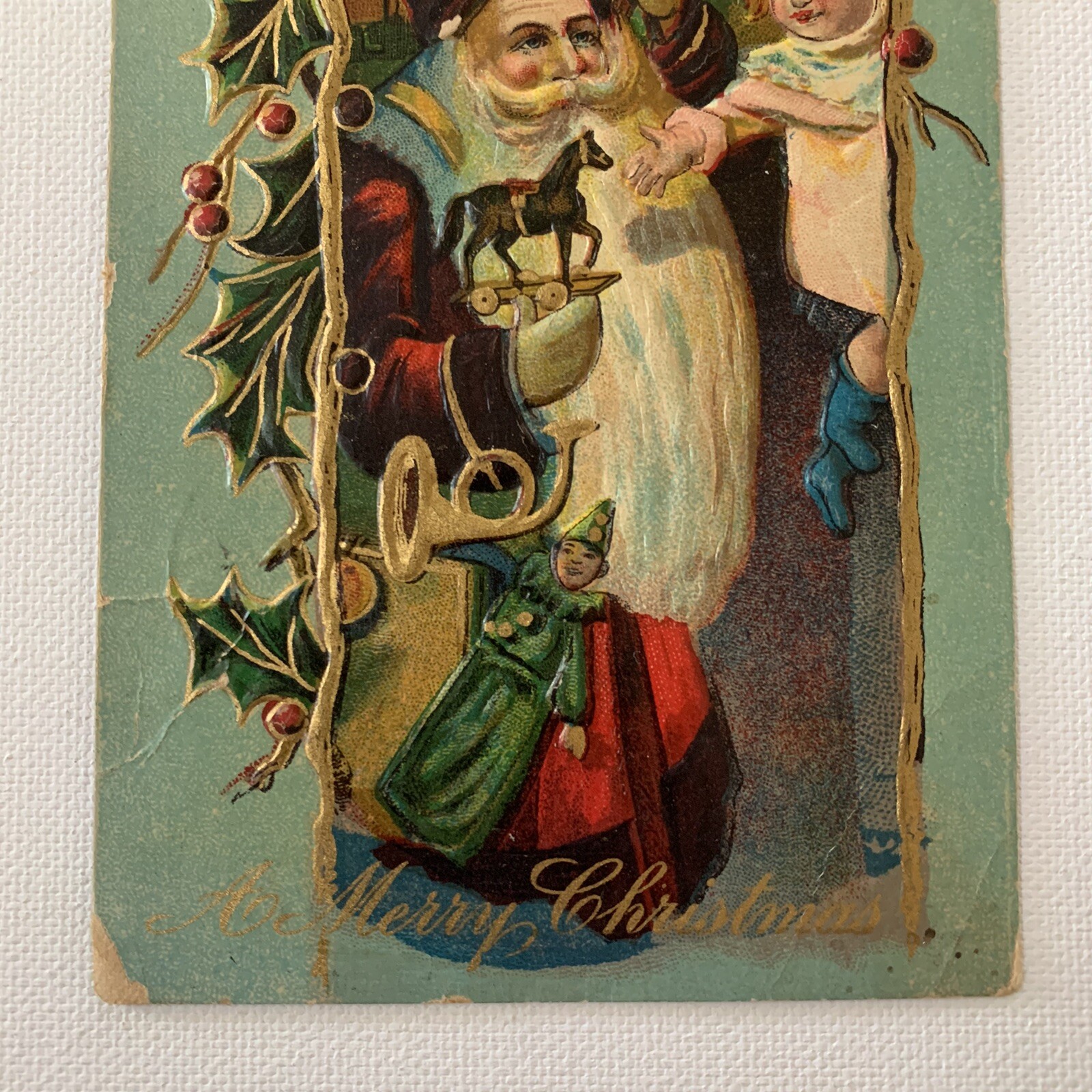 Antique Postcard Embossed Christmas Santa Very Long Beard Giving Horse To Girl