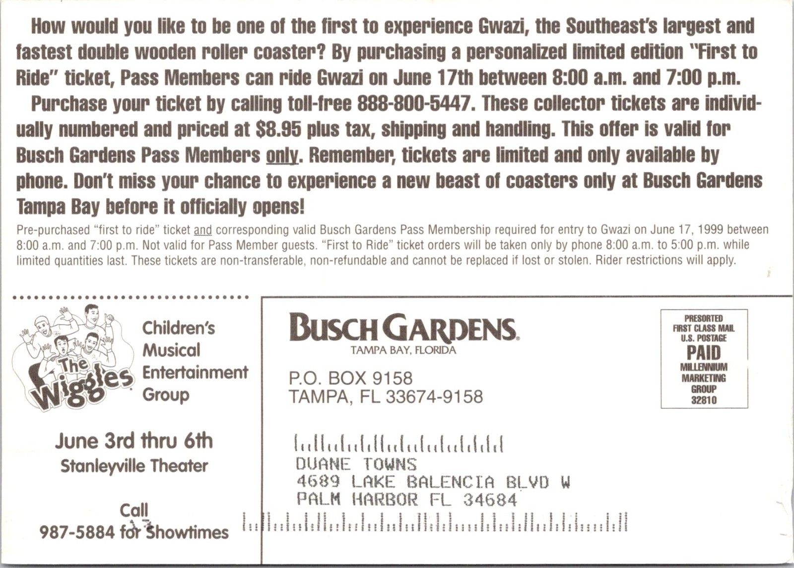 FL Tampa BUSCH GARDENS AMUSEMENT PARK Gwazi Roller Coaster 1st Ride 4X6 Postcard